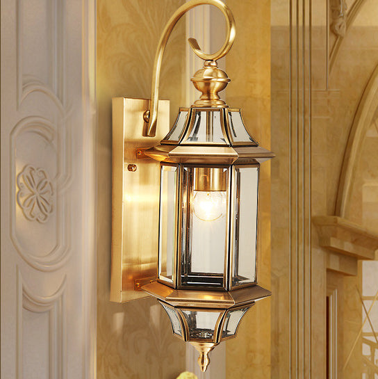 Traditional European Brass Glass Polygonal 1-Light Waterproof Wall Sconce Lamp For Bedroom Patio And Garden | Stornfield