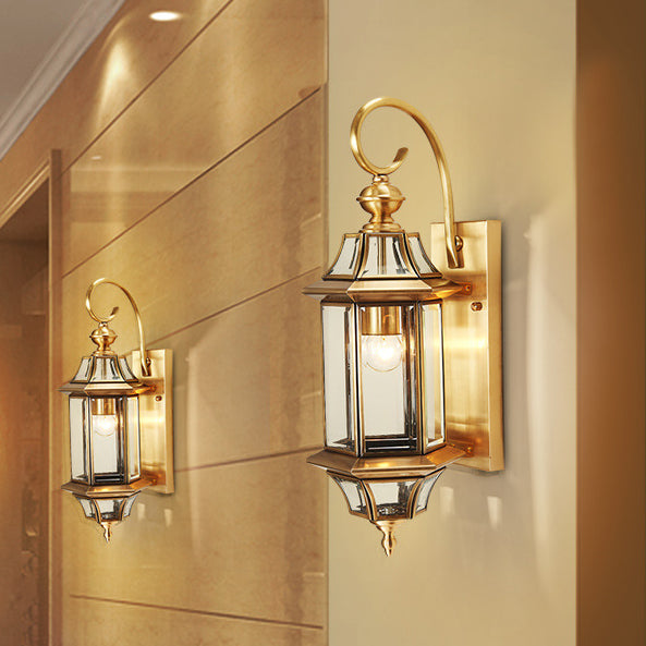 Traditional European Brass Glass Polygonal 1-Light Waterproof Wall Sconce Lamp For Bedroom Patio And Garden | Stornfield