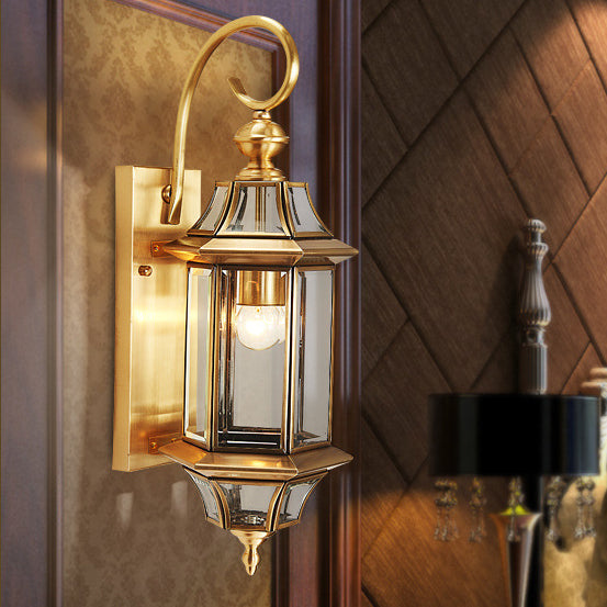 Traditional European Brass Glass Polygonal 1-Light Waterproof Wall Sconce Lamp For Bedroom Patio And Garden | Stornfield