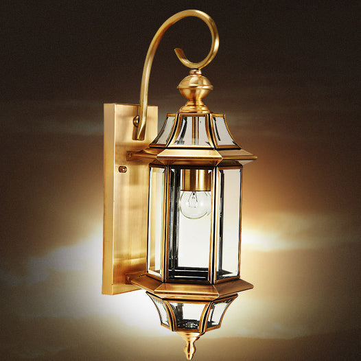Traditional European Brass Glass Polygonal 1-Light Waterproof Wall Sconce Lamp For Bedroom Patio And Garden | Stornfield