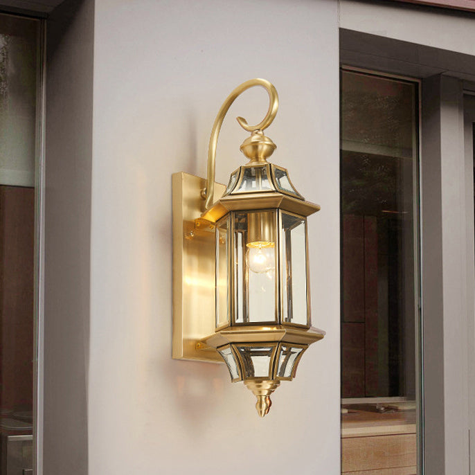 Traditional European Brass Glass Polygonal 1-Light Waterproof Wall Sconce Lamp For Bedroom Patio And Garden | Stornfield