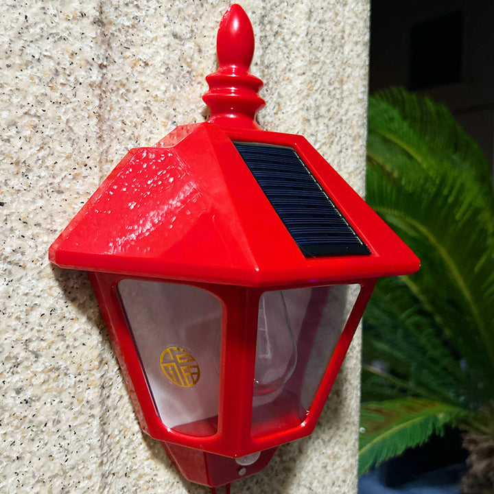 Traditional Chinese ABS Iron Fu Character Cone 1-Light Solar Wall Sconce Lamp For Outdoor | Stornfield