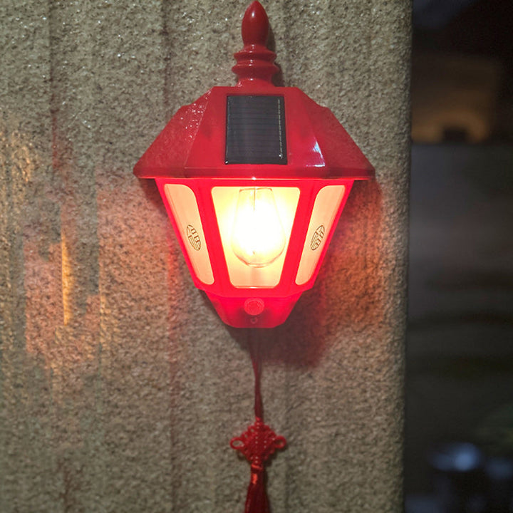 Traditional Chinese ABS Iron Fu Character Cone 1-Light Solar Wall Sconce Lamp For Outdoor | Stornfield