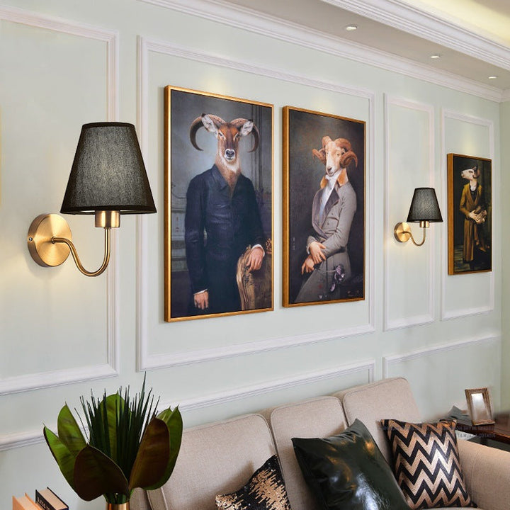 Stornfield | Applique murale contemporaine en fer à tige incurvée nordique ronde avec abat-jour en tissu 1 lumière pour salon