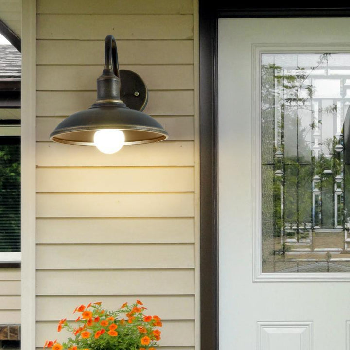 Contemporary Industrial Round Pot Lid Shape Curved Rod Iron Shade 1-Light Wall Sconce Lamp For Outdoor Patio | Stornfield