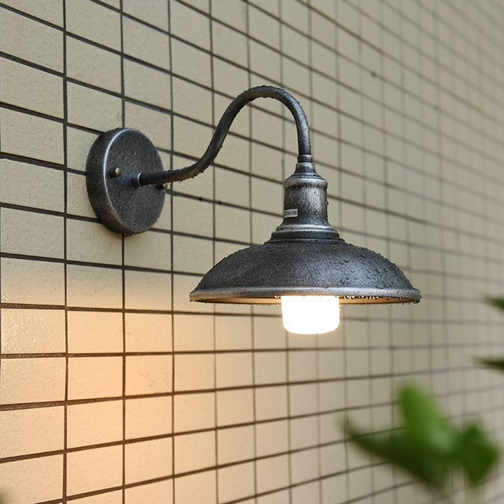 Contemporary Industrial Round Pot Lid Shape Curved Rod Iron Shade 1-Light Wall Sconce Lamp For Outdoor Patio | Stornfield