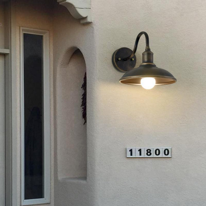 Contemporary Industrial Round Pot Lid Shape Curved Rod Iron Shade 1-Light Wall Sconce Lamp For Outdoor Patio | Stornfield