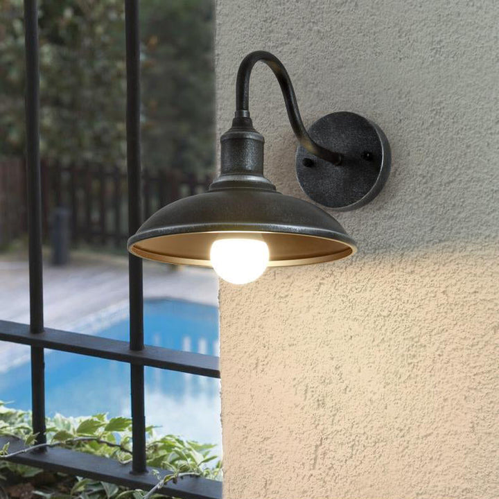 Contemporary Industrial Round Pot Lid Shape Curved Rod Iron Shade 1-Light Wall Sconce Lamp For Outdoor Patio | Stornfield