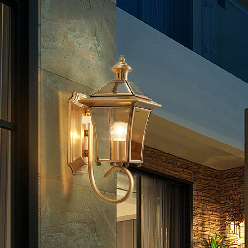Traditional European Quadrangle Candle Holder Copper Frame Glass Shade 1-Light Wall Sconce Lamp For Garden | Stornfield