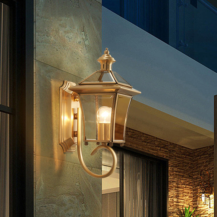 Traditional European Quadrangle Candle Holder Copper Frame Glass Shade 1-Light Wall Sconce Lamp For Garden | Stornfield