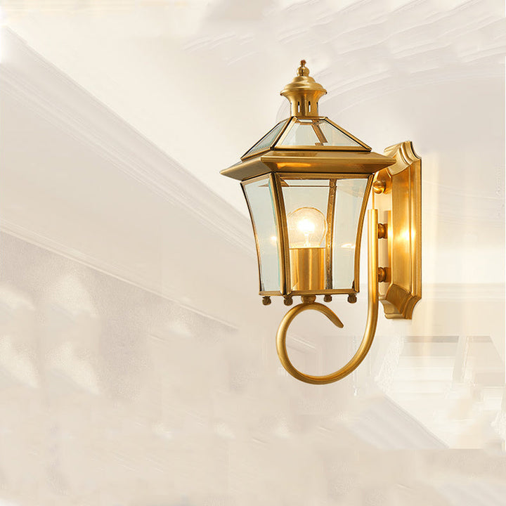 Traditional European Quadrangle Candle Holder Copper Frame Glass Shade 1-Light Wall Sconce Lamp For Garden | Stornfield
