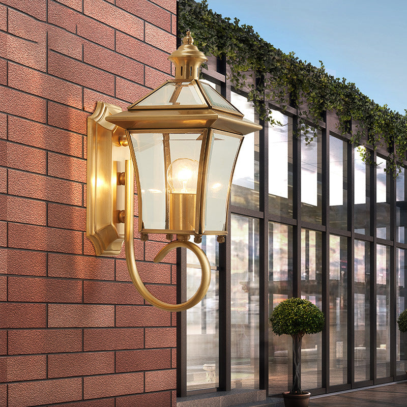 Traditional European Quadrangle Candle Holder Copper Frame Glass Shade 1-Light Wall Sconce Lamp For Garden | Stornfield