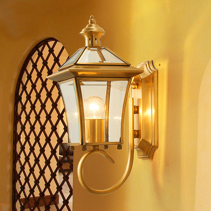 Traditional European Quadrangle Candle Holder Copper Frame Glass Shade 1-Light Wall Sconce Lamp For Garden | Stornfield