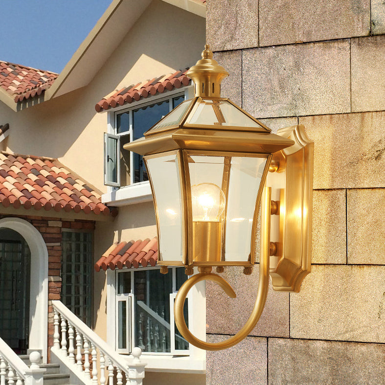 Traditional European Quadrangle Candle Holder Copper Frame Glass Shade 1-Light Wall Sconce Lamp For Garden | Stornfield