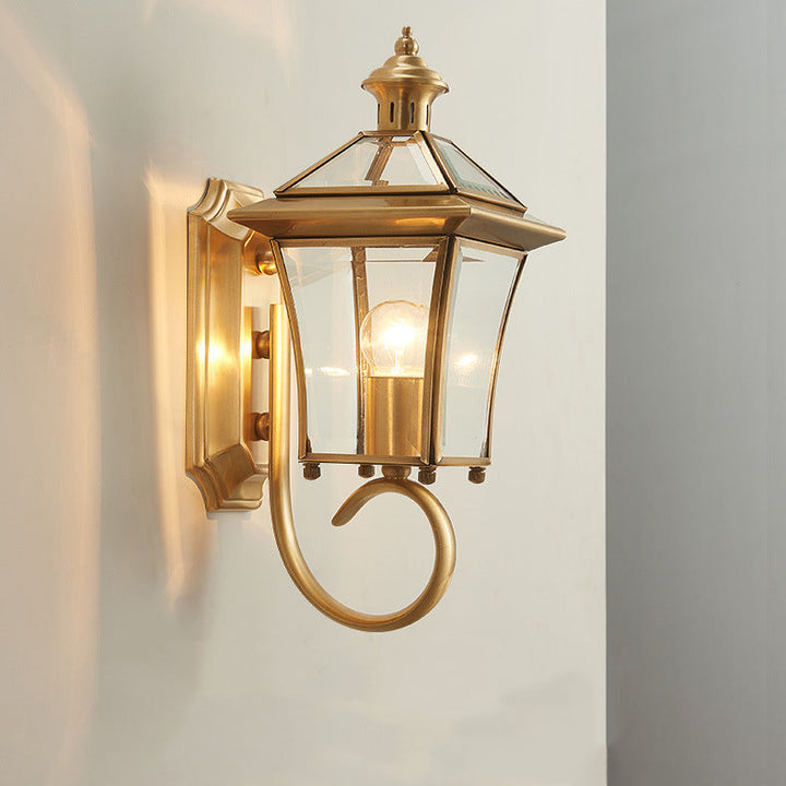 Traditional European Quadrangle Candle Holder Copper Frame Glass Shade 1-Light Wall Sconce Lamp For Garden | Stornfield