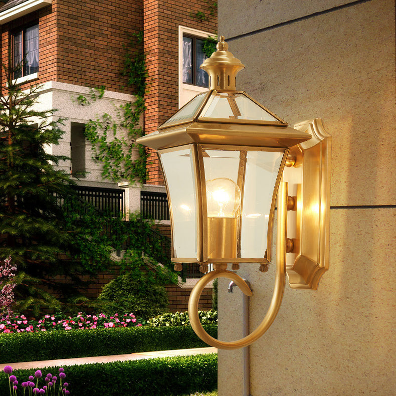 Traditional European Quadrangle Candle Holder Copper Frame Glass Shade 1-Light Wall Sconce Lamp For Garden | Stornfield