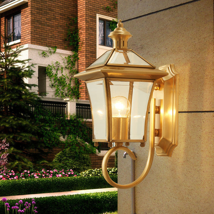 Traditional European Quadrangle Candle Holder Copper Frame Glass Shade 1-Light Wall Sconce Lamp For Garden | Stornfield