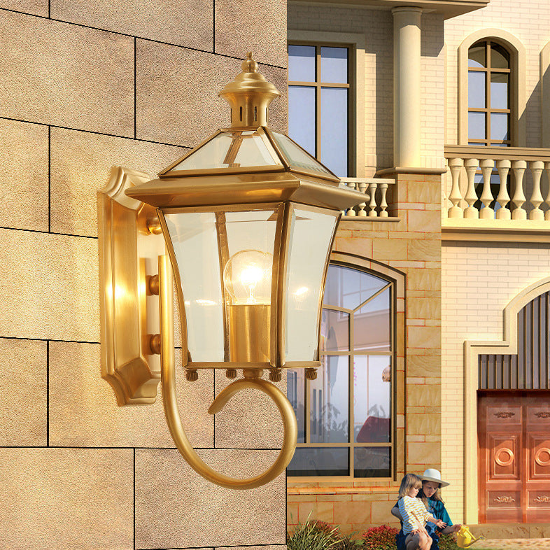 Traditional European Quadrangle Candle Holder Copper Frame Glass Shade 1-Light Wall Sconce Lamp For Garden | Stornfield