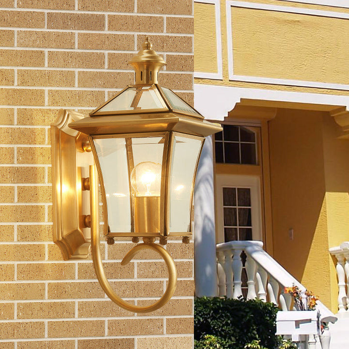 Traditional European Quadrangle Candle Holder Copper Frame Glass Shade 1-Light Wall Sconce Lamp For Garden | Stornfield