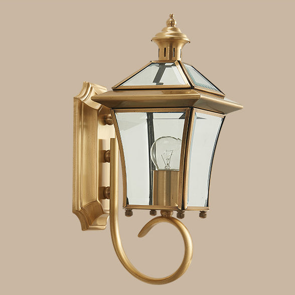 Traditional European Quadrangle Candle Holder Copper Frame Glass Shade 1-Light Wall Sconce Lamp For Garden | Stornfield