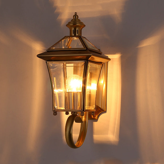 Traditional European Quadrangle Candle Holder Copper Frame Glass Shade 1-Light Wall Sconce Lamp For Garden | Stornfield