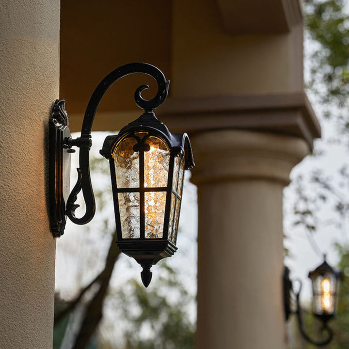 Traditional European Quadrilateral Lace Aluminum Printed Glass 1-Light Outdoor Wall Sconce Lamp For Garden | Stornfield