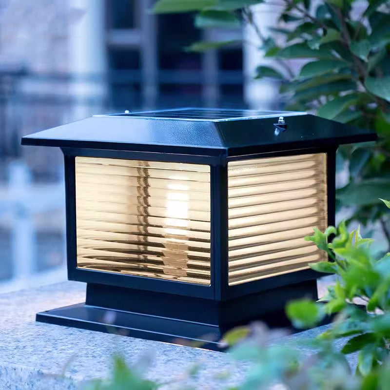 Modern Minimalist Solar Waterproof Rectangular Diamond Stripe Glass Shade Aluminum Frame LED Post Head Light For Garden | Stornfield