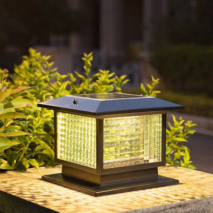 Modern Minimalist Solar Waterproof Rectangular Diamond Stripe Glass Shade Aluminum Frame LED Post Head Light For Garden | Stornfield