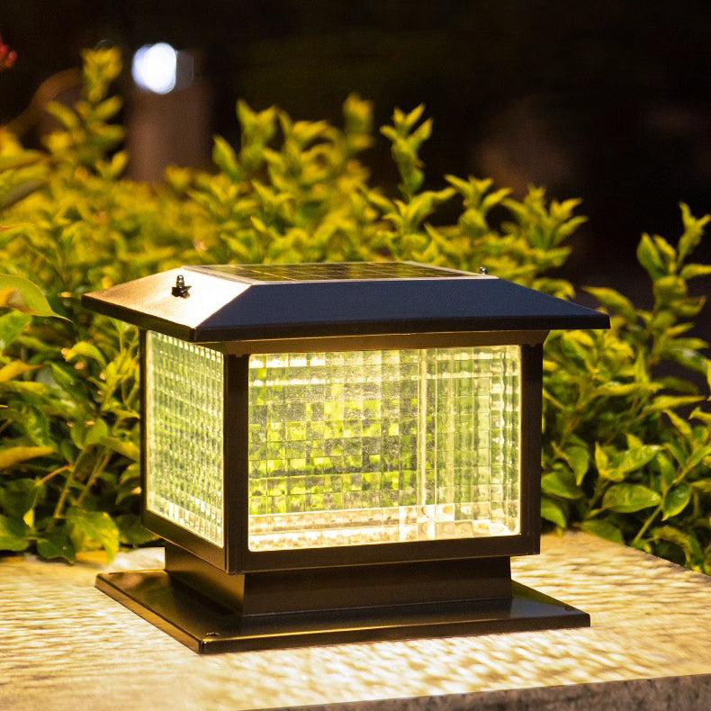 Modern Minimalist Solar Waterproof Rectangular Diamond Stripe Glass Shade Aluminum Frame LED Post Head Light For Garden | Stornfield