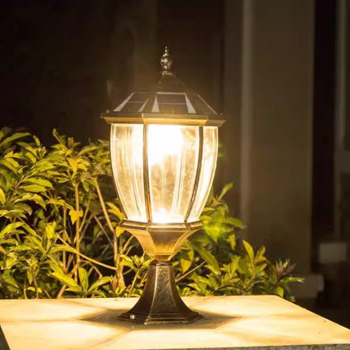 Contemporary Retro Hexagon Aluminum Glass LED Solar Post Head Landscape Light For Garden | Stornfield