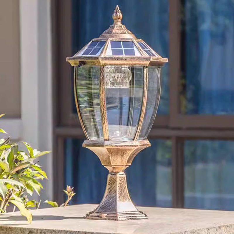 Contemporary Retro Hexagon Aluminum Glass LED Solar Post Head Landscape Light For Garden | Stornfield