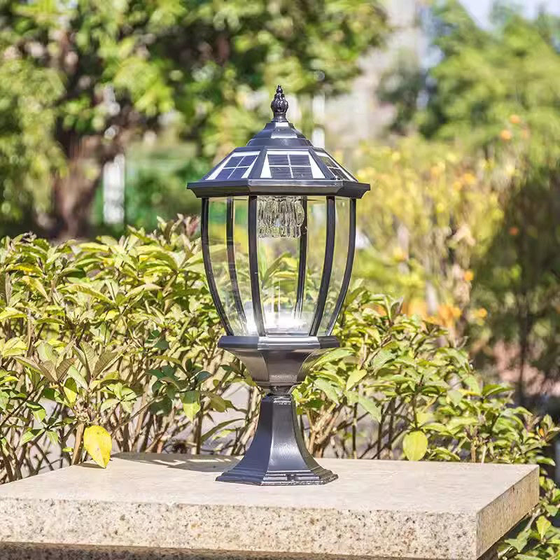 Contemporary Retro Hexagon Aluminum Glass LED Solar Post Head Landscape Light For Garden | Stornfield