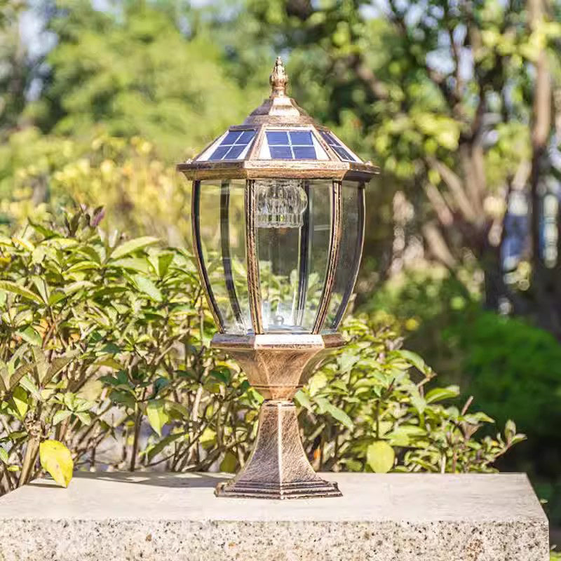 Contemporary Retro Hexagon Aluminum Glass LED Solar Post Head Landscape Light For Garden | Stornfield