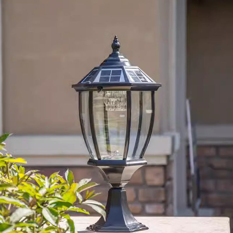 Contemporary Retro Hexagon Aluminum Glass LED Solar Post Head Landscape Light For Garden | Stornfield