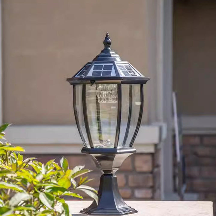 Contemporary Retro Hexagon Aluminum Glass LED Solar Post Head Landscape Light For Garden | Stornfield