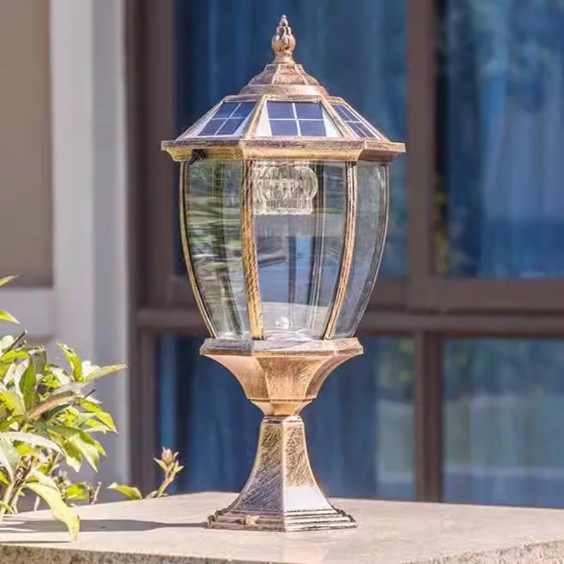 Contemporary Retro Hexagon Aluminum Glass LED Solar Post Head Landscape Light For Garden | Stornfield