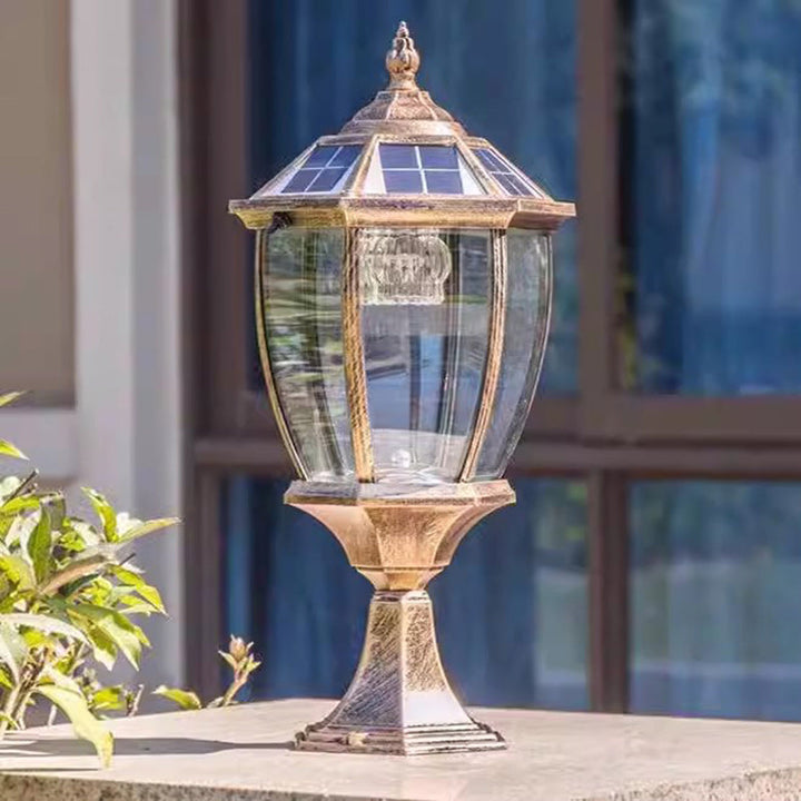 Contemporary Retro Hexagon Aluminum Glass LED Solar Post Head Landscape Light For Garden | Stornfield