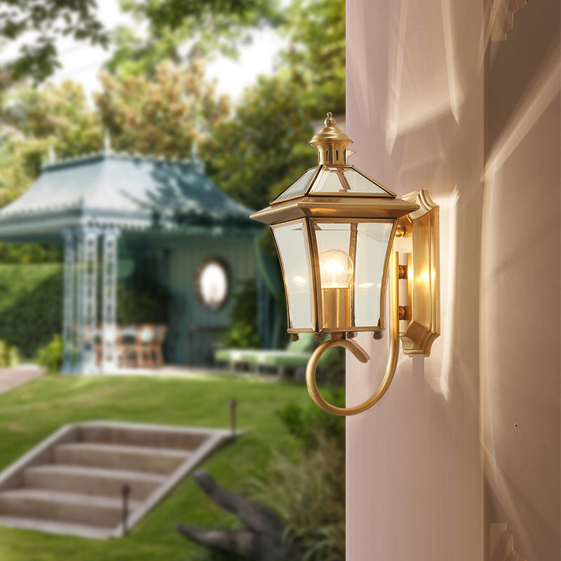 Traditional European Trapezoid Copper Glass 1-Light Wall Sconce Lamp For Garden | Stornfield