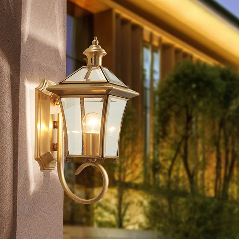 Traditional European Trapezoid Copper Glass 1-Light Wall Sconce Lamp For Garden | Stornfield