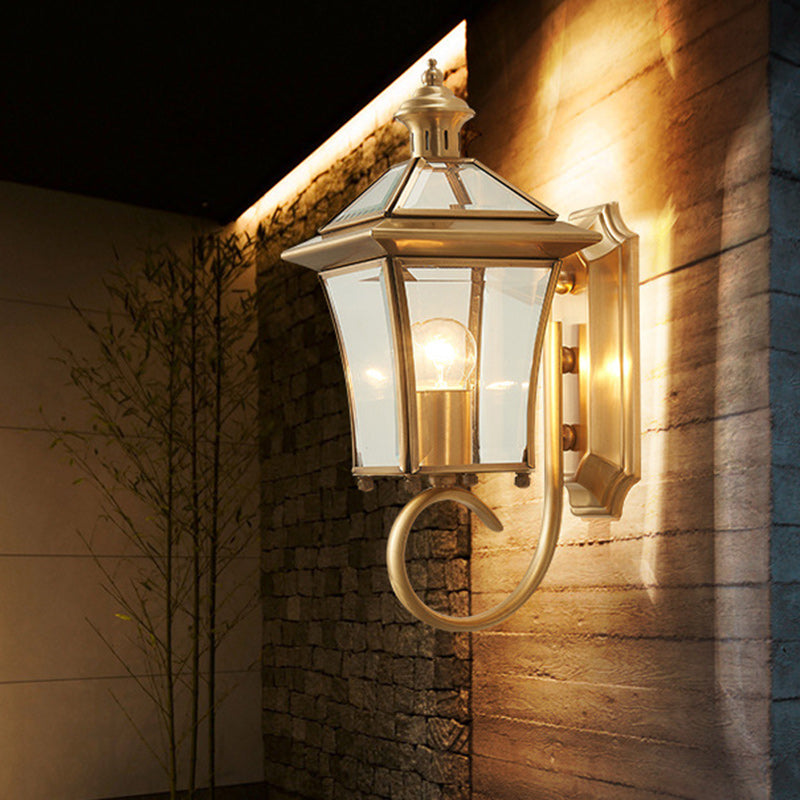 Traditional European Trapezoid Copper Glass 1-Light Wall Sconce Lamp For Garden | Stornfield