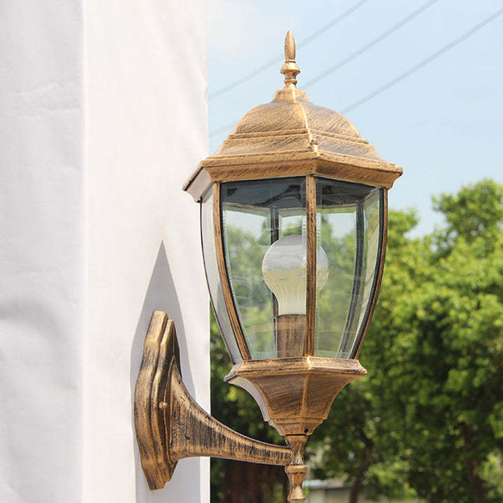 Contemporary Retro Waterproof Hexagonal Cage Aluminum Frosted Clear Glass 1-Light Wall Sconce Lamp For Outdoor Patio | Stornfield