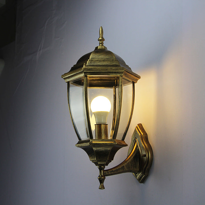 Contemporary Retro Waterproof Hexagonal Cage Aluminum Frosted Clear Glass 1-Light Wall Sconce Lamp For Outdoor Patio | Stornfield