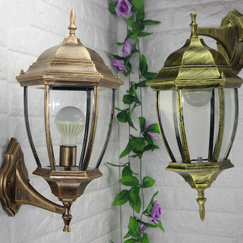 Contemporary Retro Waterproof Hexagonal Cage Aluminum Frosted Clear Glass 1-Light Wall Sconce Lamp For Outdoor Patio | Stornfield