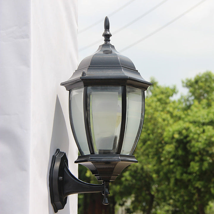 Contemporary Retro Waterproof Hexagonal Cage Aluminum Frosted Clear Glass 1-Light Wall Sconce Lamp For Outdoor Patio | Stornfield