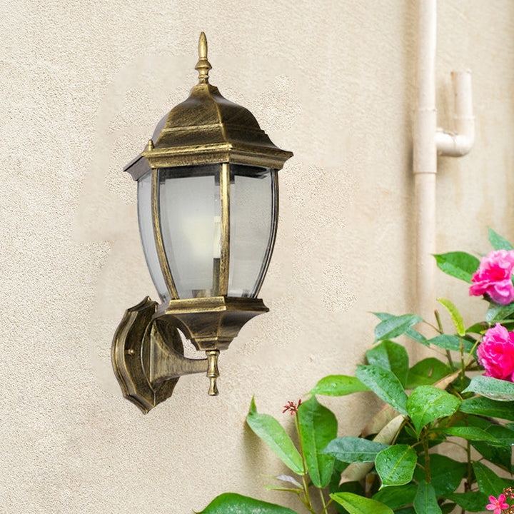 Contemporary Retro Waterproof Hexagonal Cage Aluminum Frosted Clear Glass 1-Light Wall Sconce Lamp For Outdoor Patio | Stornfield