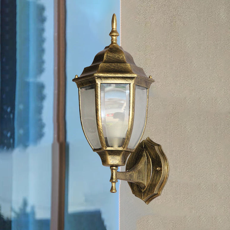 Contemporary Retro Waterproof Hexagonal Cage Aluminum Frosted Clear Glass 1-Light Wall Sconce Lamp For Outdoor Patio | Stornfield