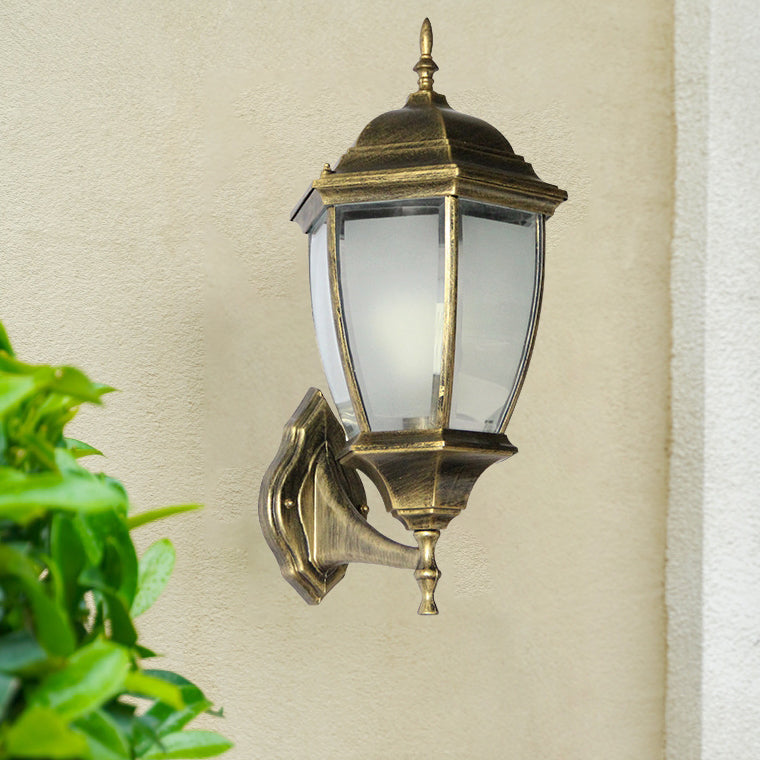 Contemporary Retro Waterproof Hexagonal Cage Aluminum Frosted Clear Glass 1-Light Wall Sconce Lamp For Outdoor Patio | Stornfield