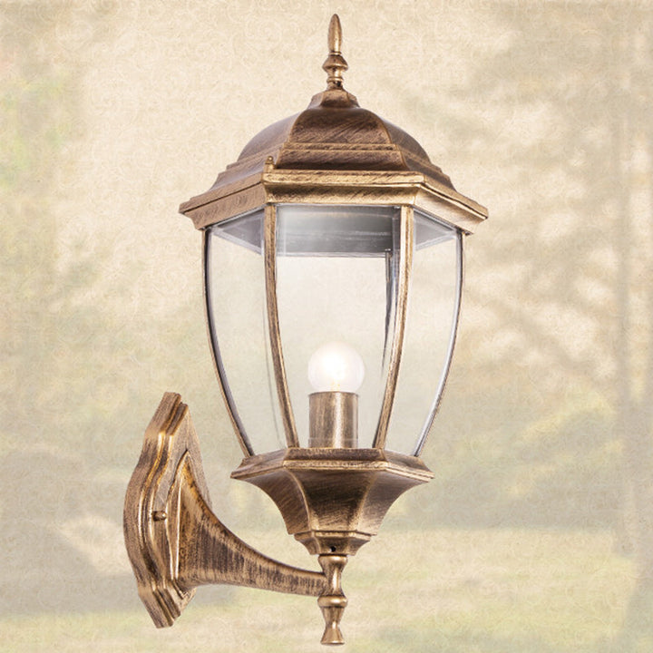 Contemporary Retro Waterproof Hexagonal Cage Aluminum Frosted Clear Glass 1-Light Wall Sconce Lamp For Outdoor Patio | Stornfield