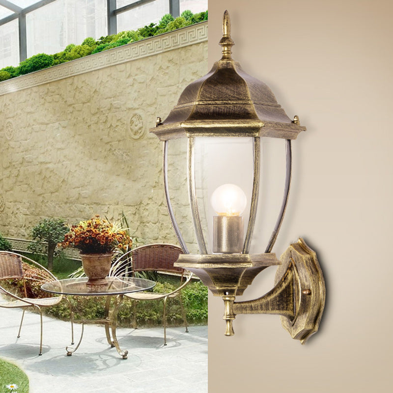 Contemporary Retro Waterproof Hexagonal Cage Aluminum Frosted Clear Glass 1-Light Wall Sconce Lamp For Outdoor Patio | Stornfield