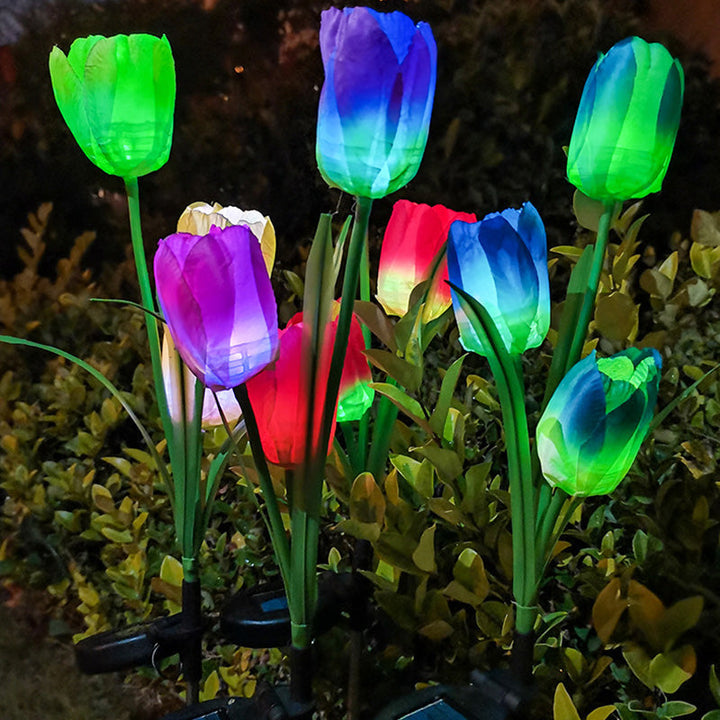Contemporary Creative Solar Waterproof Faux Tulip Stainless Steel ABS Fabric LED Ground Plug Lawn Landscape Lamp For Outdoor Patio | Stornfield
